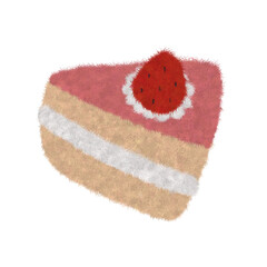 A whimsical illustration of a strawberry cake slice with a soft, fuzzy texture, featuring pink frosting and a fresh strawberry topping.