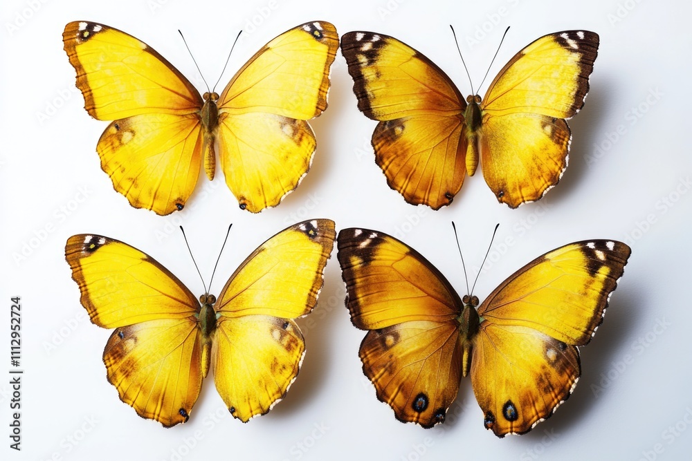 Poster a group of yellow butterflies sit on a white surface, creating a vibrant and cheerful scene