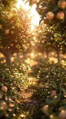 Glowing autumn orchard with vibrant apples and warm sunlight filtering through the lush green foliage creating a serene and bountiful scene of nature s abundance and beauty during the fall season