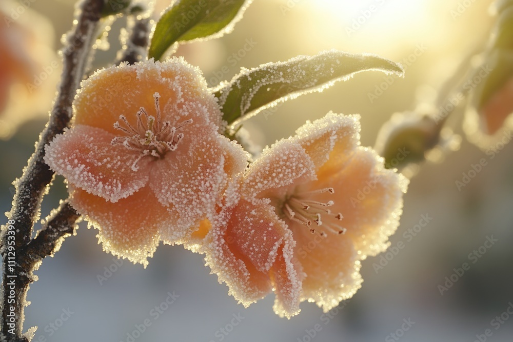 Poster a close-up view of a flower with frost on its petals, captured in a frozen moment