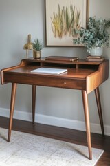 Mid-century modern desk, plants, artwork, and laptop.