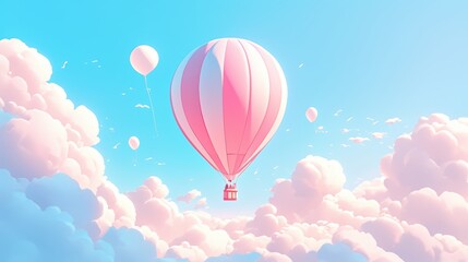 Fototapeta premium A whimsical hot air balloon floats among fluffy clouds in a blue sky.