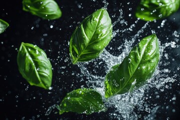 A close-up shot of a bunch of green leaves getting splashed with water, great for use in nature or science educational content