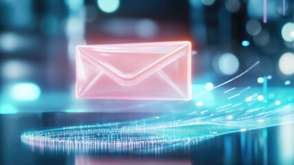 Futuristic digital email icon with glowing envelope in a cyber environment