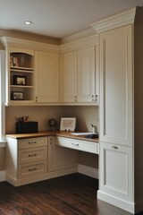 Built-in corner desk, creamy cabinets, dark floor.