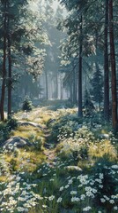 Obraz premium Enchanting forest path winding through a lush green landscape filled with towering trees vibrant flowers and a serene atmospheric ambiance This idyllic