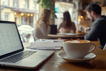 A person's laptop is placed on a wooden table, ready for use