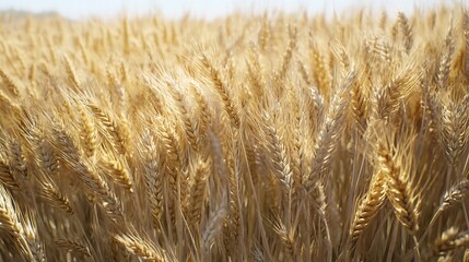 Fototapeta premium A close-up view of golden wheat fields swaying in the breeze under sunlight.