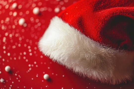 A red and white Santa hat sits on a red surface, ready for holiday cheer
