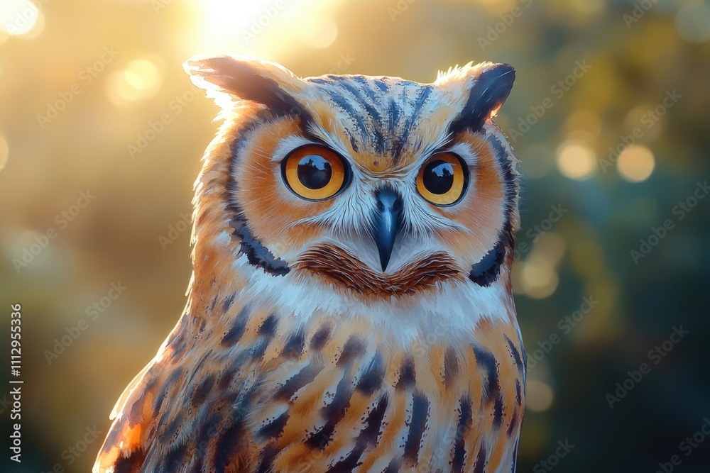 Poster close-up of an owl's face with sunlight in the background, ideal for use in wildlife or nature-theme