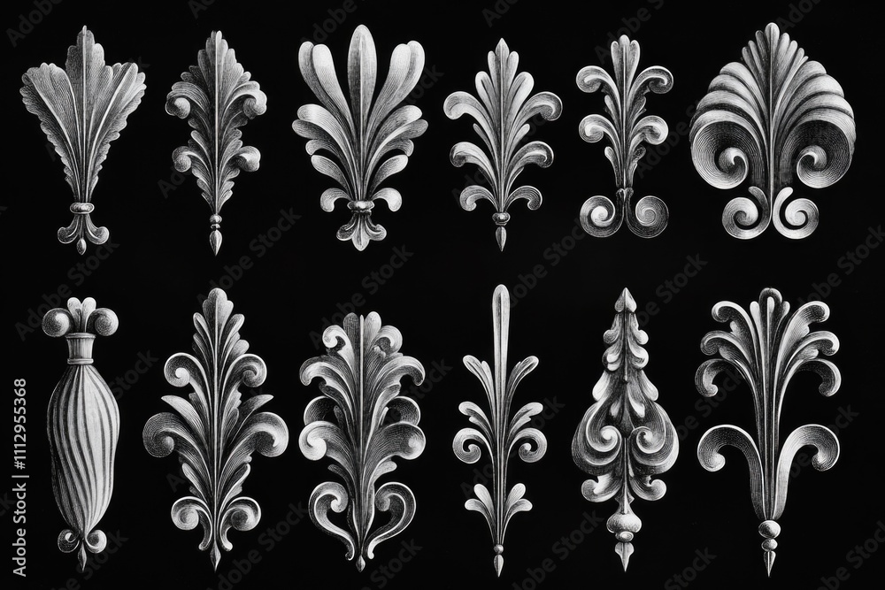 Poster A set of decorative patterns and shapes on a dark background for various uses