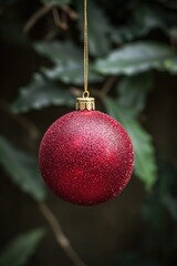 A bright red Christmas ornament hangs from the branches of a decorated tree