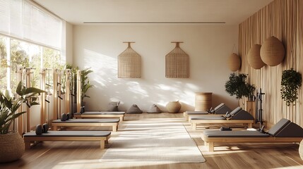 A serene fitness studio with wooden equipment and natural light for wellness activities.