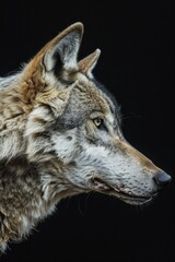 Obraz premium A close-up view of a wolf's head on a black background, suitable for use in designs related to nature, animals, or the outdoors