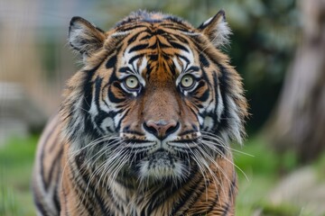 Fototapeta premium A tiger walks through a lush green field, a serene natural scene