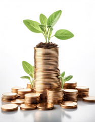 Stack of gold coins with small plant shoots on top on white background