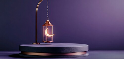 Charcoal podium with a shining copper lantern and crescent moon, hanging against a violet background for a mysterious ambiance.