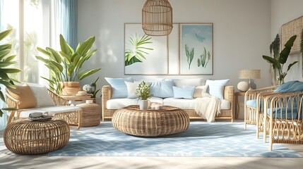 Bright and airy living room with natural decor and tropical plants.