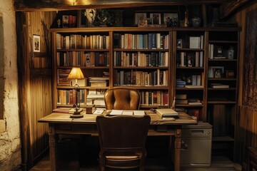 Wooden desk, chair, bookcase, lamp, many books.