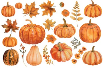 Colorful watercolor illustration of pumpkins and leaves, perfect for fall-themed designs and projects