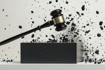 Gavel striking a block, creating debris in a dramatic portrayal of justice and authority