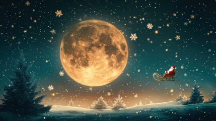 A whimsical Christmas scene with Santa flying over a snowy landscape and full moon.