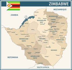 Obraz premium Zimbabwe Map Vector Vintage Dark Blue Beige - Customizable layered political map of Zimbabwe with administrative divisions for website, education, reports, news, politics, print, poster and wallpaper