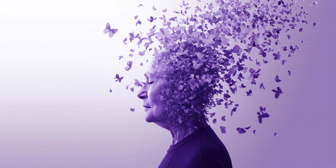Human with petals and butterflies flying away lilac color. Concept template banner world day of alzheimer, mental disorders with space for text.