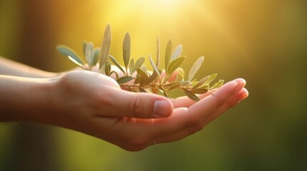 Fototapeta premium A hand gently holding an olive branch, with sunlight filtering through the leaves, symbolizing hope and peace in a warm, inviting atmosphere