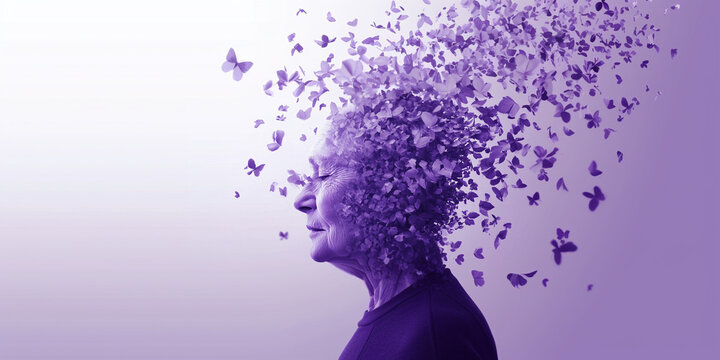 Human with petals and butterflies flying away lilac color. Concept template banner world day of alzheimer, mental disorders with space for text.