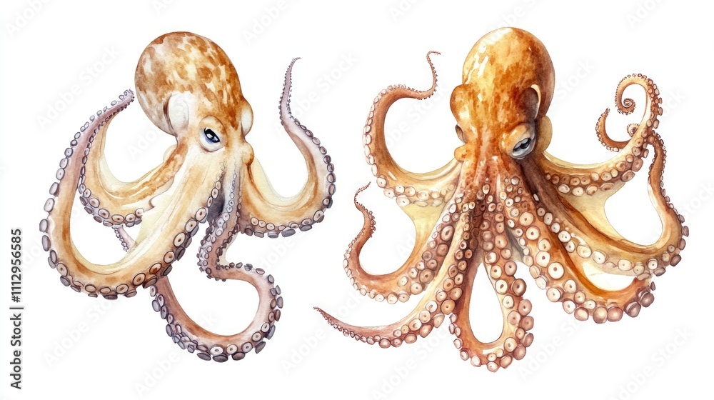 Poster a close-up of two octopuses on a white background