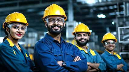 Indian factory workers in safety helmets and workwear, smiling and standing together in front of a massive production line, embodying camaraderie and dedication to safe practices.