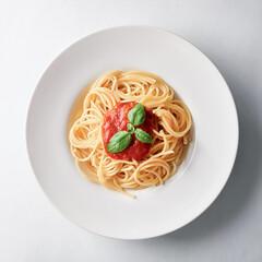 Spaghetti on a white plate with tomato sauce on white