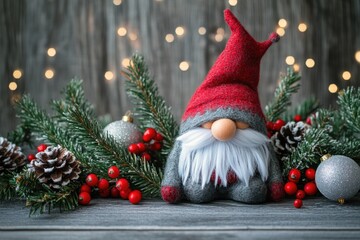 A jolly gnome sitting beside festive holiday decorations, ideal for winter or Christmas-themed projects