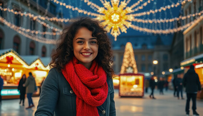Fototapeta premium Portrait of a happy young woman surrounded by sparkling Christmas lights and holiday decorations