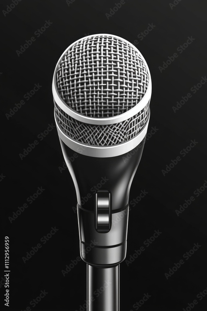 Poster a professional microphone on a stand with a black background, ideal for use in recording studios, li