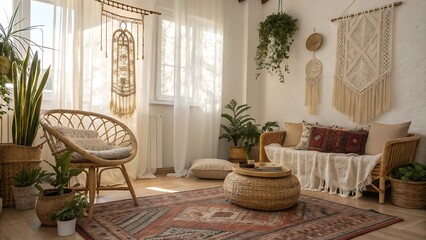 A cozy bohemian-style living room with a blurred background featuring natural materials like rattan furniture, macramé wall hangings, and neutral tones. 