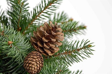 Close-up shot of a pine cone on a tree branch, natural environment