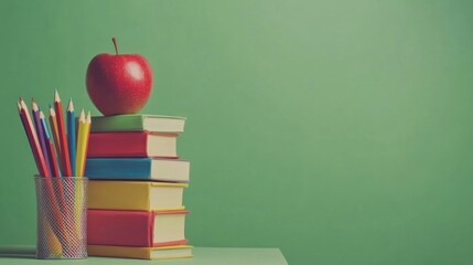Red apple on stack of books and colored pencils against green background.