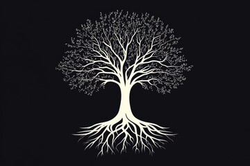 A minimalist illustration of a white tree's roots on a dark background