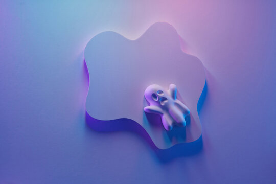 Minimalist ghost sculpture on abstract shape in neon light