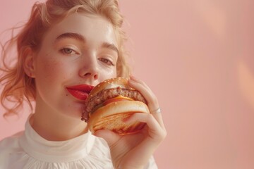 A woman enjoying a hamburger on a pink background