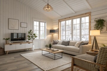 Fototapeta premium A cozy Scandinavian living room with minimalist furniture, a neutral color palette, large windows, and natural wood accents, soft lighting, and textured rugs