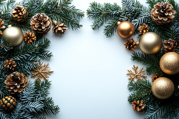 Christmas-themed flat lay with pine branches, golden ornaments, and snowflakes on a white background. Clean layout with space for text, perfect for holiday greetings