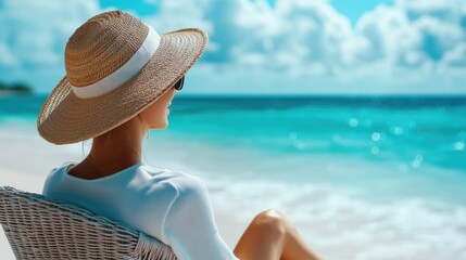 Fototapeta premium A woman sits comfortably in a chair on a sunny beach, perfect for relaxation