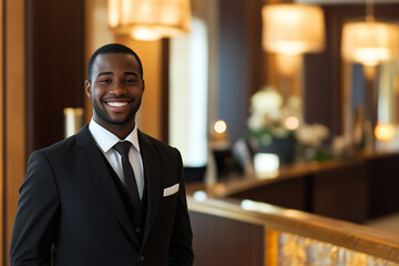 A friendly hotel receptionist greets guests with a warm smile in a sophisticated lobby, embodying hospitality and a welcoming atmosphere.