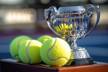 A silver trophy with tennis balls on top, ideal for sports or awards scenes