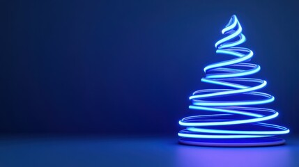 Neon blue spiral Christmas tree glowing against a dark blue background, AI