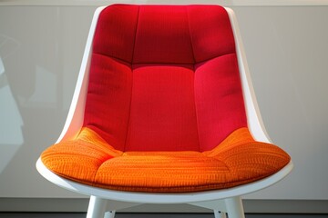 A single chair with a red seat and white backrest placed in a room