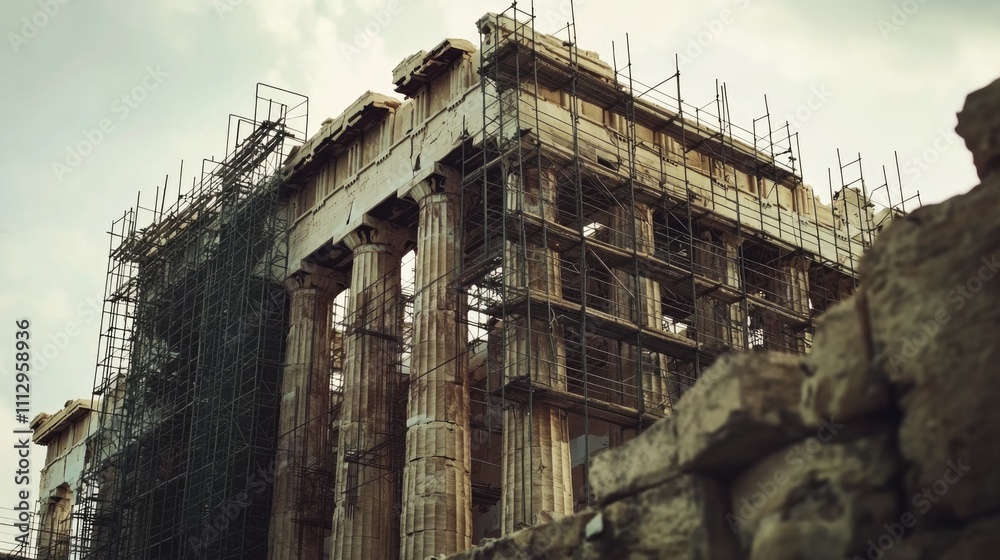 Poster high-rise building under construction with scaffolding installed